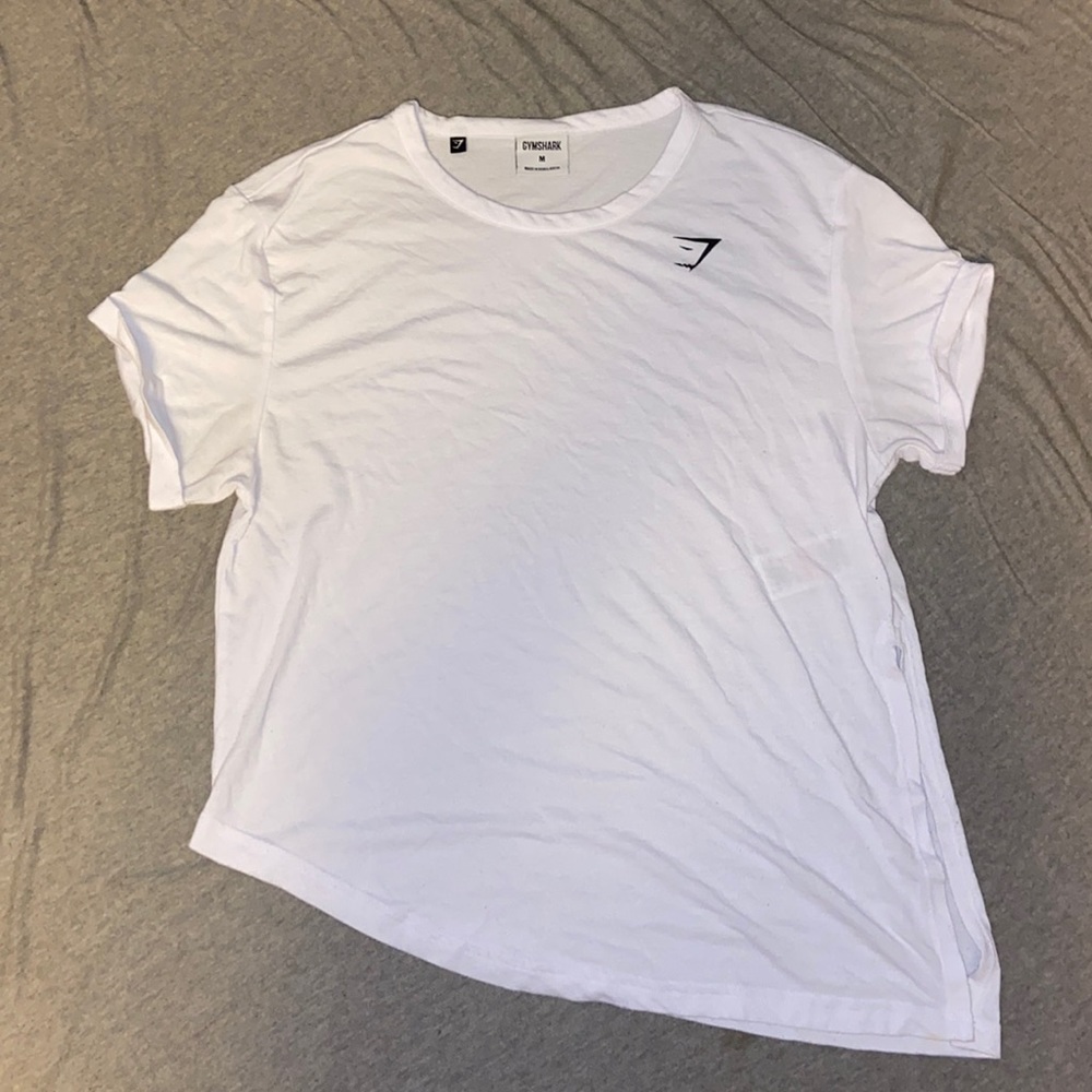 Woman’s Gymshark asymmetrical hem athletic white tee